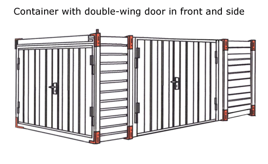 Container with double-wing door in front and side